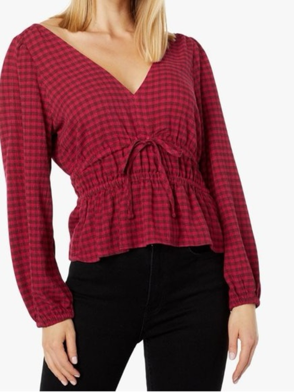 Madewell - Saffi Drapey V Neck Crinkle Plaid Long Sleeve Blouse Size Small